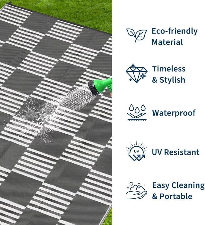 Garvee Waterproof Outdoor Rug 8x10, Checkered Foldable Plastic Straw Patio Camping Rug, Outdoor RV Carpet for Deck Camper Porch Balcony Backyard Picnic Beach Gray and White