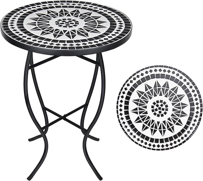 VCUTEKA Mosaic Outdoor Side Table, 14" Round Small Patio Accent Table Indoor End Table for Yard, Garden, Living Room, Bistro Balcony or Lawn Black