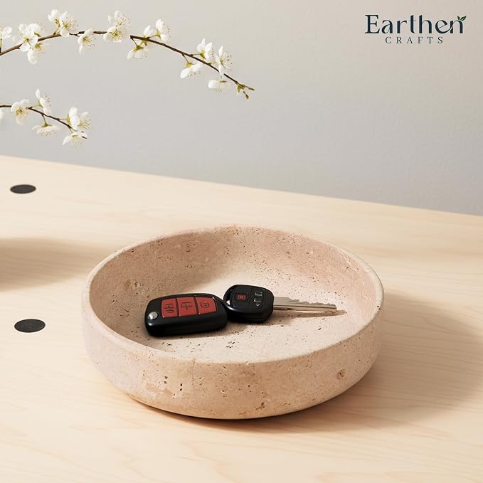 Marble Decorative Bowl 8" Inches Travertine Key Bowl for Entryway Natural Stone Fruit Bowl For Kitchen Counter, Serving Bowl For Coffee Table, Modern Home Centerpiece Decor