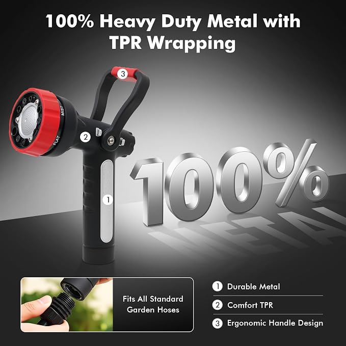 RESTMO Heavy Duty Fireman’s Garden Hose Nozzle, High Pressure Water Sprayer Nozzle with Lever Handle & Ergonomic Grip, 6 Classic Spray Patterns with Adjustable Flow Control for Watering, Cleaning
