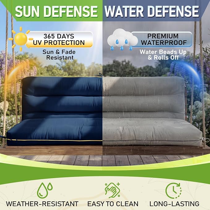 60×40 INCH Outdoor Swing Cushion with Backrest, Tie Straps & Memory Foam - Replacement for Porch Bench 2/3 Seater, Oxford Fabric (Blue, 60 INCH × 40 INCH)