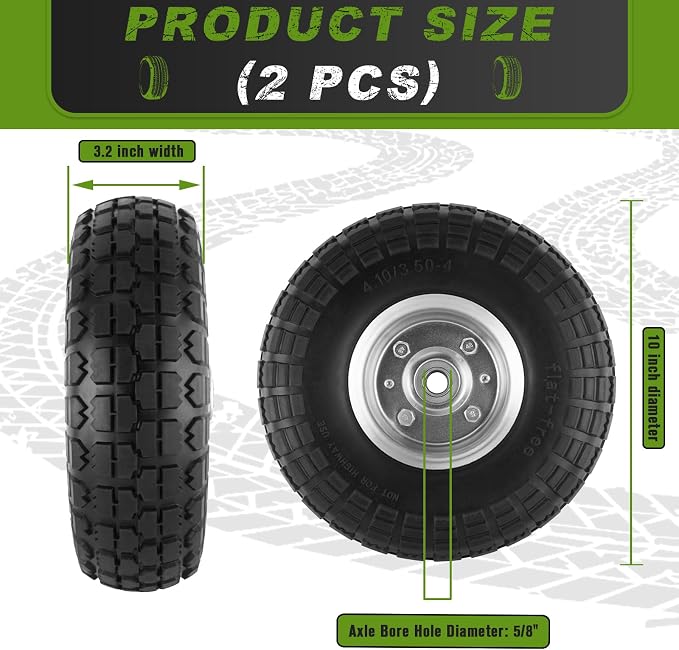 4 Pcs 4.10/3.50-4" Tire and Wheel Flat Free, 10 Inch Solid Rubber Tires with 5/8" Axle Bore Hole, 2.2" Offset Hub for Hand Truck, Wheelbarrow, Gorilla Cart, Garden Wagon Cart, Dolly, Utility Cart