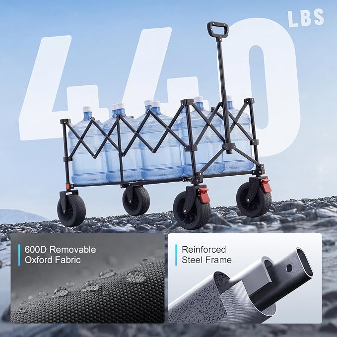 Overmont 46.6" L Extended Collapsible Wagon - 440LBS with All-Terrain Wheel | Foldable Beach Wagon with Cup Holders, Heavy Duty Folding Utility Cart, Portable for Camping Sports Grocery Garden Shopping
