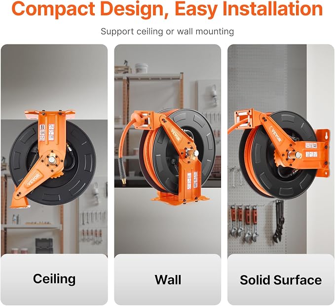 VEVOR Retractable Air Hose Reel with Double Arms, 3/8 IN x 65FT Hybrid Air Hose Max 300PSI, Air Compressor Hose Reel with 5FT Lead in, Ceiling/Wall Mount Heavy Duty Steel Reel for Workshop Garage
