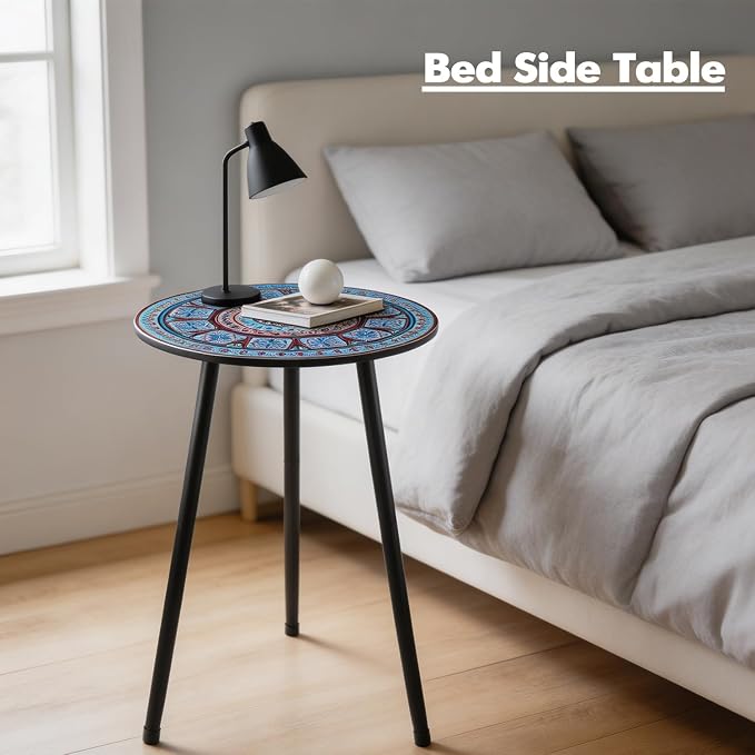 Outdoor Side Table Set of 2 Patio Side Tables for Outside Black End Tables Small Outdoor Table Round Patio End Table Metal Side Table Outside, Indoor, Bedroom, Living Room, Small Spaces, Azure Mosaic