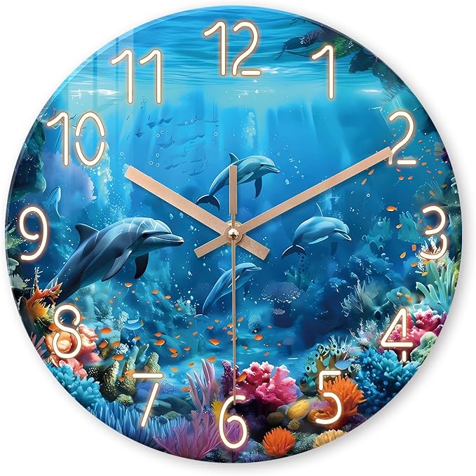 XFM Blue Ocean Wall Clock 16 Inch Round Silent Wall Clocks Battery Operated Nautical Themed Dolphin Tropical Decorative Clock for Living Room Bathroom Decor