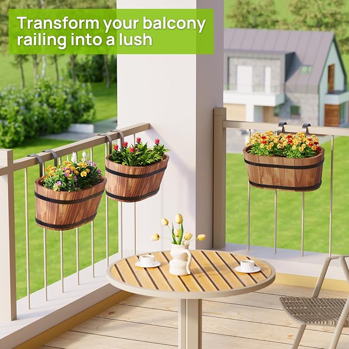 2PACK Wooden Cute Hanging Flower Pots for Railing Fence Outdoor Planter Railing Planter Boxes for Plants Wall Planters Window Flower Box Hanging Bucket Pots Countryside plant Holder (Brown,2pcs,Large)
