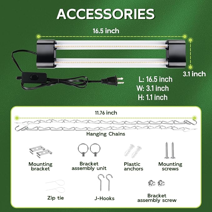 Hlite LED Grow Light 16 inch, Hanging Full Spectrum Linkable 4 Pack | Linkable Plant Grow Lights for Indoor Plants, Plug and Hanging with On/Off Switch, Seedling to Flowering, Yellow