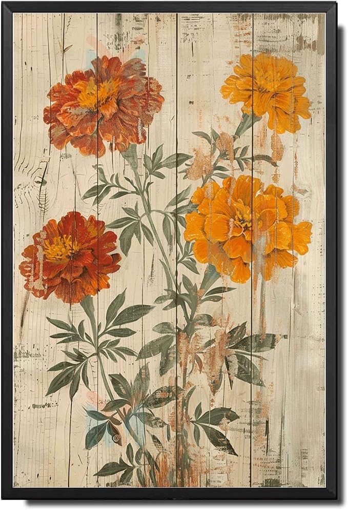 Metal Sign Tin Sign Vintage Wall Art Shabby Chic Marigolds Tin Sign for Rustic Joy Antique Garden Symbolism and Distressed Wood Panels Metal Garden Signs for Bar 6×8 Inches with Metal Frame