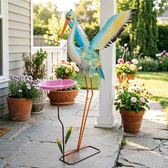 39" Garden Statue Extra Large Heron Sculpture | Metal Yard Art Lawn Ornament Outdoor Decor Backyard Pond Porch Patio Landscape 3 U Stakes Windproof Bird Lover Gift