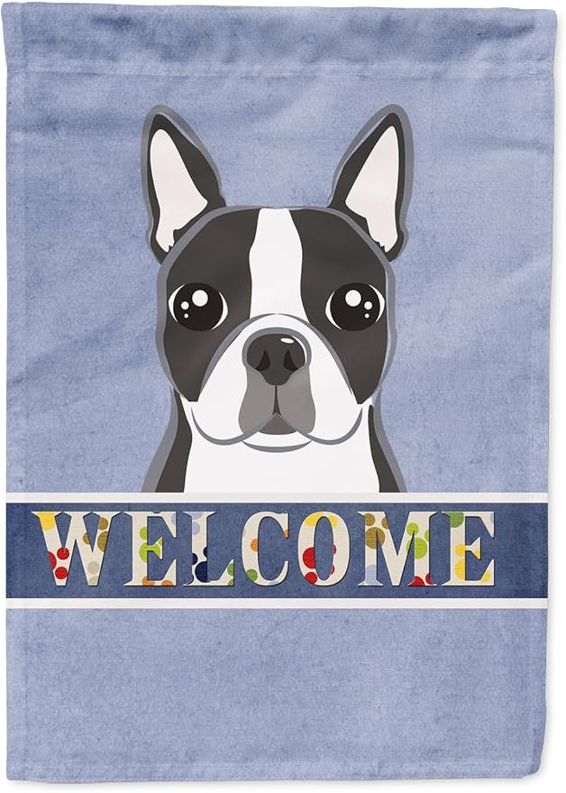Caroline's Treasures BB1389GF Boston Terrier Welcome Garden Flag, Blue Mailbox Flag Decorative Yard Flag Banner Outside Patio Artwork Yard Flower Beds, Garden Size, Multicolor