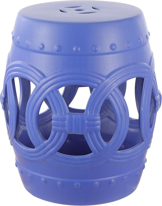 JONATHAN Y Lucky Coins 16" Ceramic Garden Stool, Contemporary Matte Blue Cutout Interlocking Rings Drum Indoor/Outdoor Side Table and Plant Stand for Patio, Garden, Living Room TBL1022D