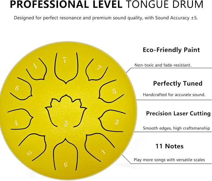 Rain Drum for Outside Garden, 8-Inch Steel Tongue Drum with 11 Notes, Percussion Instrument, Includes Packing Bag, Music Book, and Mallets, Ideal for Meditation, Yoga, and Relaxation