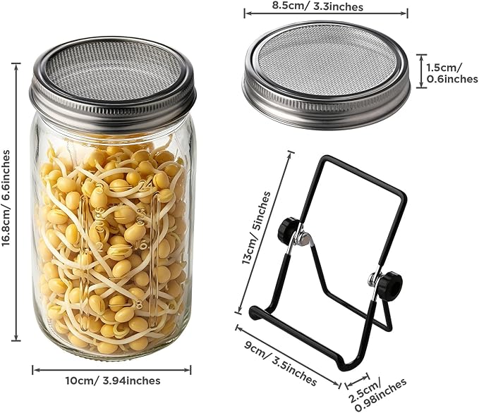2PCS 1000ML Sprouting Jars with 86mm Wide Mouth Mason Jar with Stainless Steel Screen Sprout Lids,3.7X6.5 inches Sprouts Growing Kit,Organic Seed Sprouting Jar Kit