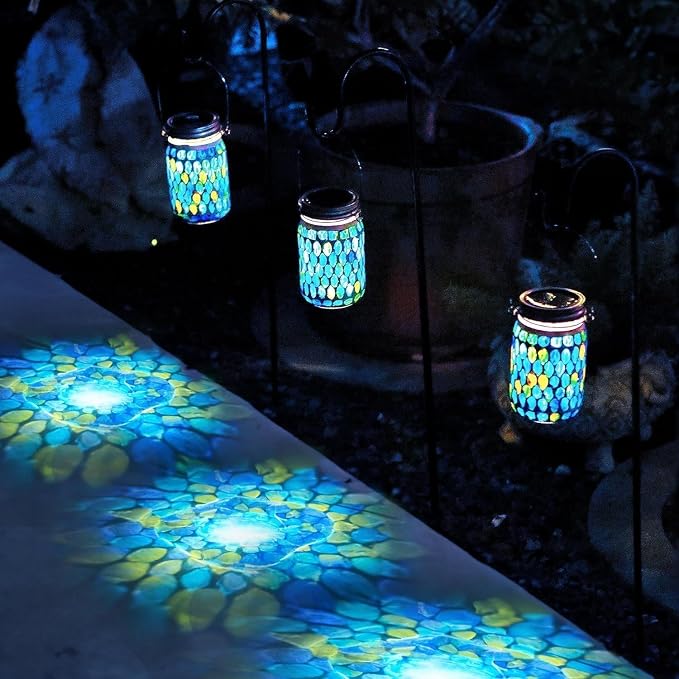 Cooo Mosaic Lanterns Outdoor Waterproof with 215% Larger Solar Panel, Never Rust Lids, True Capacity Battery- Solar Mason Mosaics Jar Lantern for Patio Garden Yard Balcony Hanging or Table (4)