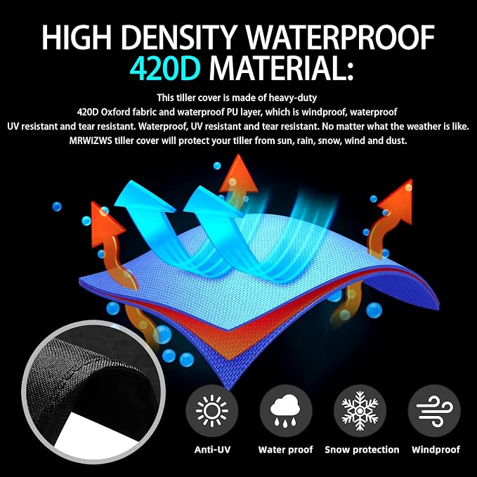 Tiller Cover, Rototiller Cover, 420D Oxford Fabric UV, Waterproof, Dustproof, Universal rototiller Cover with Black Protective Bag