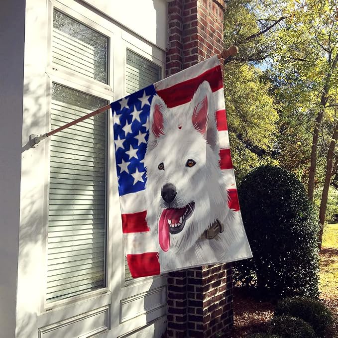 Caroline's Treasures CK6431CHF Berger Blanc Suisse American Flag House Flag Large Porch Sleeve Pole Decorative Outside Yard Banner Artwork Wall Hanging, Polyester, House Size, Multicolor