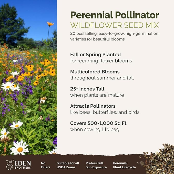 Eden Brothers Perennial Pollinator Wildflower Mixed Seeds for Planting, 1 lb, 480,000+ Seeds with Blue Flax, Coneflower | Attracts Pollinators, Plant in Spring or Fall, Zones