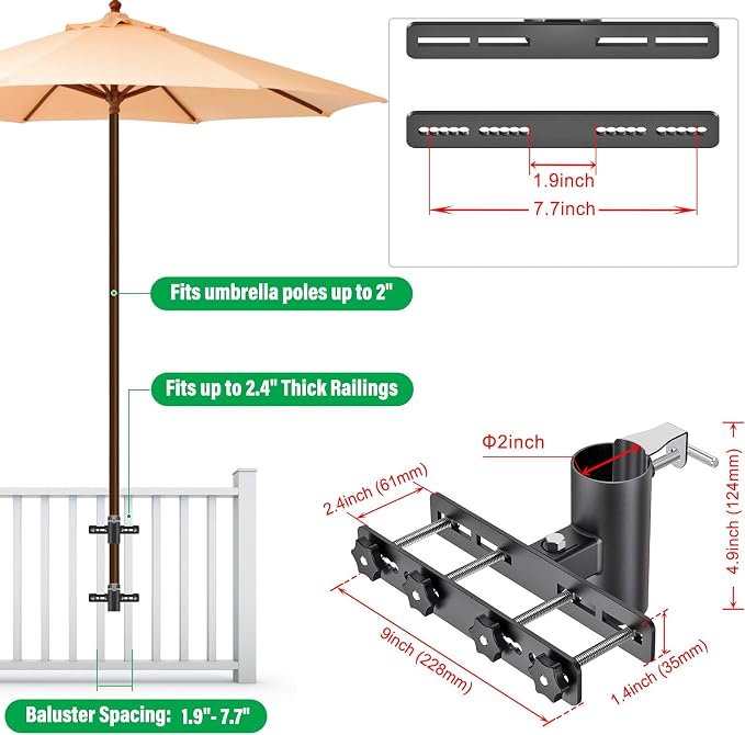 Heavy Duty Deck Railing Umbrella Holder, Adjustable Patio Umbrella Stand for 1-2 Inch Poles, Secure & Sturdy Railing Mount, Maximizes Deck Space
