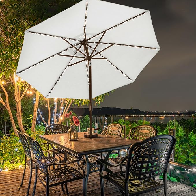 EliteShade USA 10-Year-Non-Fading 9ft Market Patio Umbrella, Commercial Grade Table Sun Umbrella with 80 Solar LED Lights, Crank Open, Windproof & UPF 50+ UV Protection for Garden, Deck, Pool, Backyard, White