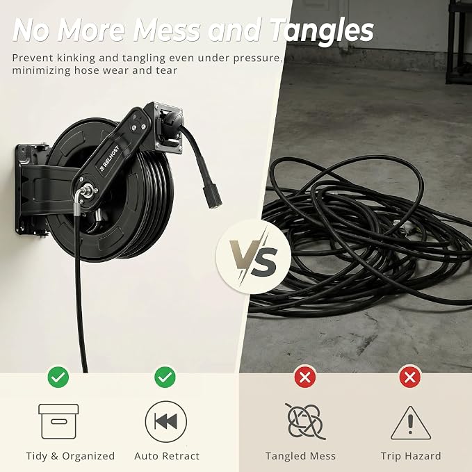 Relhost Pressure Washer Hose Reel, 65 ft x 1/4 inch Retractable Power Washer Hose Reel, Heavy Duty Steel Hose Reel with Dual Arms, Auto Rewind, 180° Swivel Ceiling