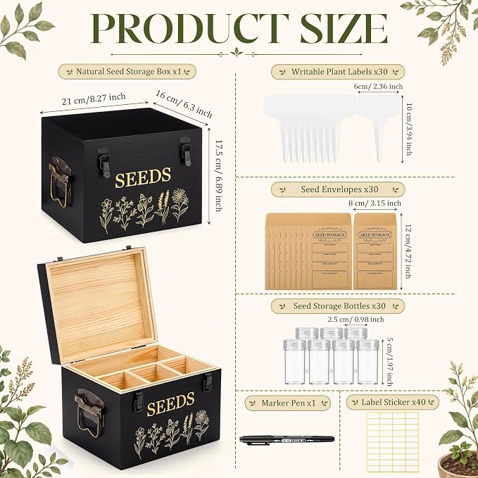 Amyhill Bamboo Wood Seed Storage Organizer Box with 30 Slot & Envelopes & Labels, 40 Stickers and Pen, Seed Saving Box with Lid Safety Locks, 4 Compartments, for Flower Plants, Gardener Gift