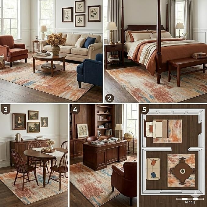 5x7 Terracotta Blue Beige Modern Abstract Brushstroke Area Rug | Washable non-slip low-pile faux cashmere rug for living rooms, bedrooms and home offices.
