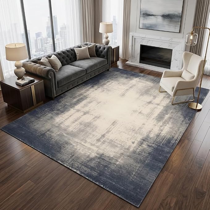 5x7 Navy Blue and Ivory Abstract Gradient Area Rug | Washable non-slip low-pile faux cashmere rug for living rooms, bedrooms and home offices; soft, foldable and easy to clean.