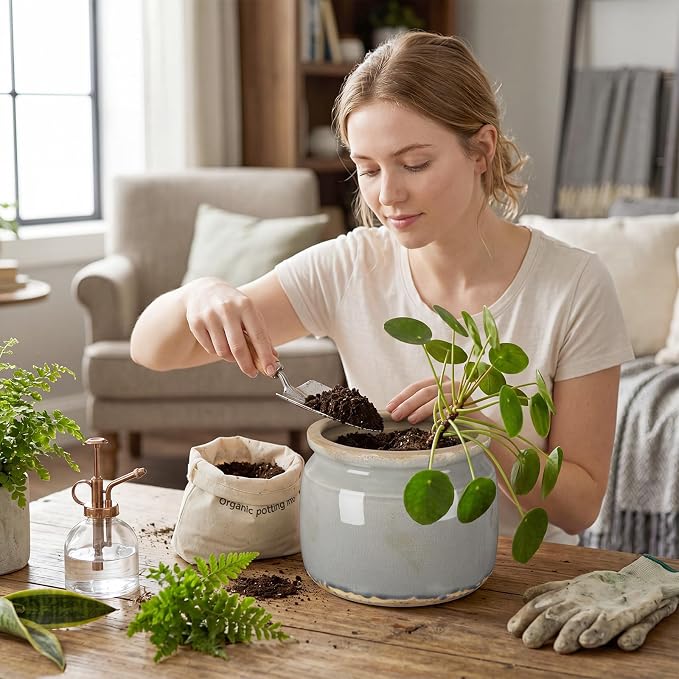 7.7" Large Ceramic Plant Pot Grey Vintage Planter Crackle Glaze Decorative Retro Flowers Pot with Drainage for Indoor Outdoor Plants Home Shelf Kitchen Office Patio Decor Gift
