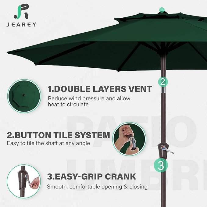 JEAREY 9' 2-Tiers Patio Umbrellas Outdoor Table Market Umbrella w/Push Button Tilt/Crank, 8 Sturdy Ribs, UV Protection Waterproof Sunproof(Dark Green)
