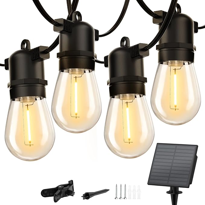 Minetom Solar Outdoor String Lights - 48Ft Patio Lights with 15+1 LED Shatterproof Bulbs, 3 Light Modes, Remote Control, Timing, Outside Weatherproof Hanging Lights for Backyard Party Decor