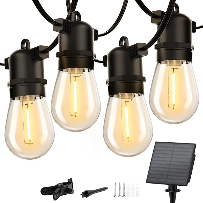 Minetom 34FT Solar String Lights Outdoor with Remote, Patio Lights with 10 LED Shatterproof Bulbs and Hooks, E26 Socket and Type-C Port, Waterproof Hanging Lights for Outside Cafe Garden Bistro