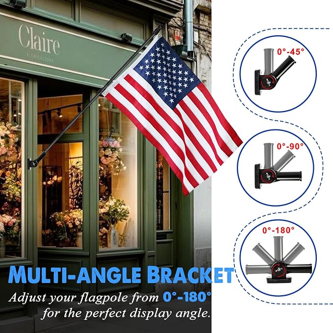 XIFAN American Flag with Pole Kit for Outside - 6FT Black Stainless Steel Flag Pole, 3x5FT Embroidered Flag, 180° Adjustable Bracket for House Porch, Residential Commercial Outdoor Use, Tangle Free
