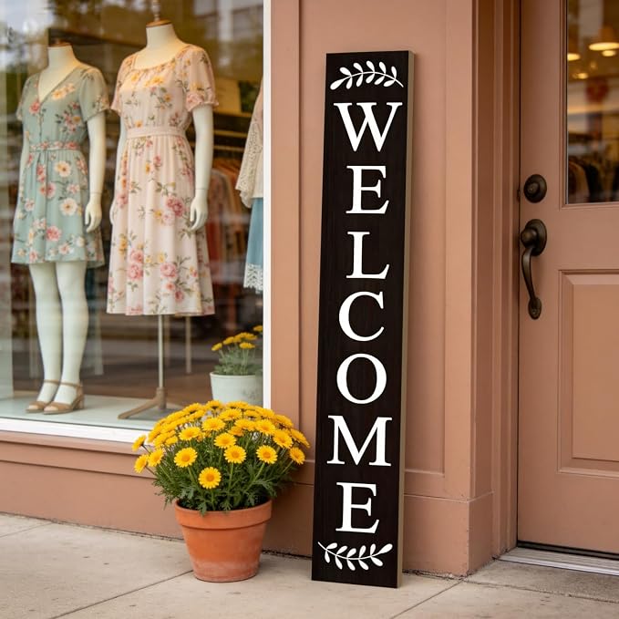 Welcome Sign for Front Porch, 47" Large Wooden Welcome to Our Home Sign Door Hanging Standing Plaque, Farmhouse Vertical Outdoor Porch Decorations for Yard Patio Entrance, Black