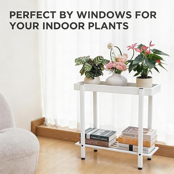 Honla Metal Plant Stand Indoor Outdoor,2 Tier Window Tall Plant Table Bench Shelf for Multiple Plants,26" L x 8.66" W x 24.40" H,White
