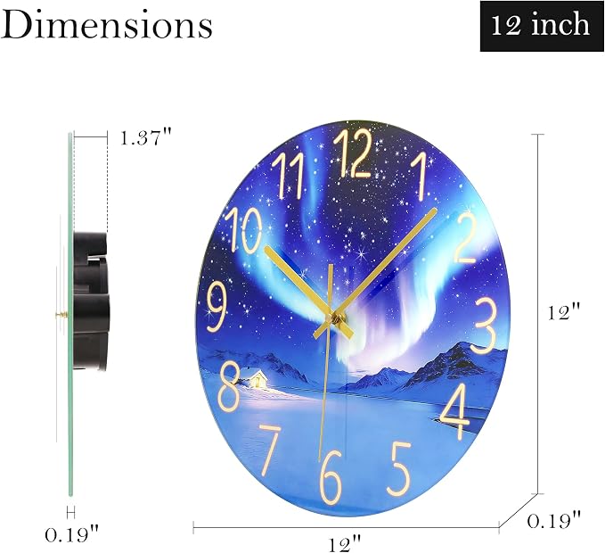 WISKALON Indoor Outdoor Glass Clock 12 Inch Waterproof Unusual Silent Non Ticking Aurora Wall Clocks Battery Operated for Patio, Pool, Garden, Backyard, Bathroom(Blue)