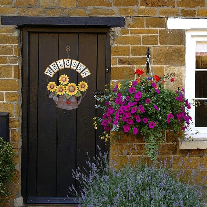 Morning View Metal Sunflower Welcome Sign Hanging Flower Wall Decor Door Sign Decorative Wall Plaque Outdoor Garden Porch Yard Home Decor 14X15.5 Inch