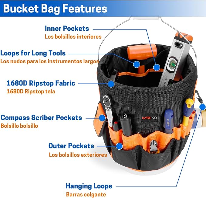 Bucket Tool Organizer, Bucket Organizer with 30 Pocket, Tool Organizer for 5 Gallon Bucket, Storage Bag for Bucket(Bucket not Included)