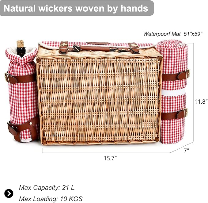 Multifunctional Wicker Picnic Basket Set for 2 with Blanket and Picnic Table, Insulated Picnic Set with Full Tablewares for Camping Outdoor Couples, Gingham