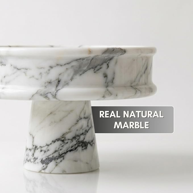 Marble Fruit Bowl for Kitchen Counter, 10" Handcrafted Natural Stone Decorative Bowl, Catch-All Key Dish, Dining Table Centerpiece, Pedestal Bowl, & Housewarming Gift (White Marble)