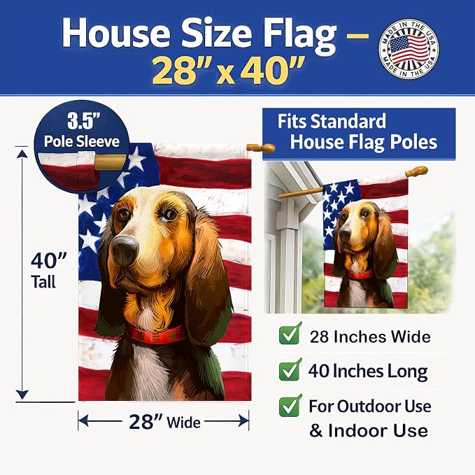 Caroline's Treasures CK6464CHF Bruno Jura Hound Dog American Flag House Flag Large Porch Sleeve Pole Decorative Outside Yard Banner Artwork Wall Hanging, Polyester, House Size, Multicolor