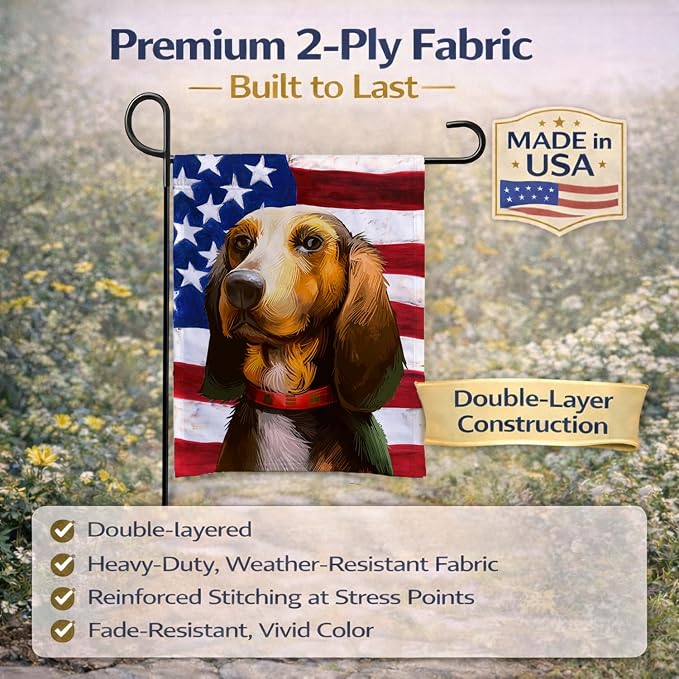 Caroline's Treasures CK6464GF Bruno Jura Hound Dog American Flag Garden Flag Mailbox Flag Decorative Yard Flag Banner Outside Patio Artwork Yard Flower Beds, Garden Size, Multicolor