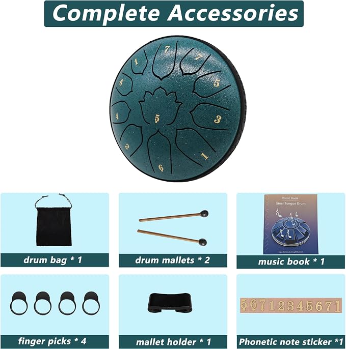 Steel Tongue Drum 11 Notes 6 Inches, Rain Drum for Outside with Bag, Music Book, Mallets, Finger Picks, Stickers – Meditation & Yoga Steel Drum