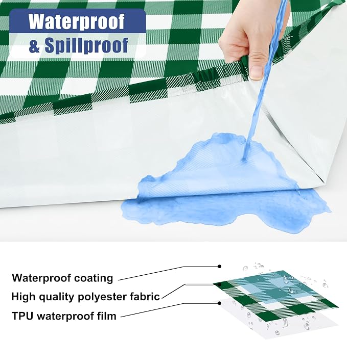 Smiry Picnic Table Cover with Bench Covers, Waterproof Elastic Fitted Tablecloths for 8 Foot Rectangle Tables, Washable Buffalo Plaid Tablecloth for Camping, Outdoor (Hunter Green & White, 30"x96")