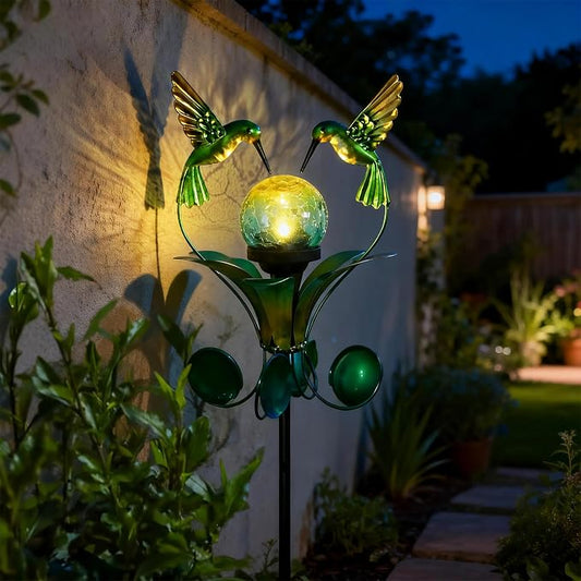 Decorative Solar Outdoor Light, Hummingbird Glass Globe Stake for Lawn Yard | Solar Hummingbird Lights With Wind Spinner Design, Crackle Glass Globe, Auto On/Off For Garden, Lawn, Yard