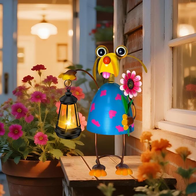 Solar Garden Lights Dog Statue with Solar Lantern Lights,13.38in Tall Dog Decor Outdoor Figurine Lights,Birthday Gifts for Women Mom Grandma,Big Metal Decorative Stakes for Patio,Porch,Yard Art,Lawn