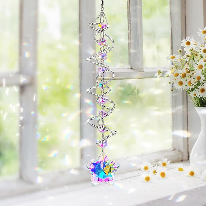 21 Inch Crystal Spiral Wind Spinner Gazing Ball Suncatcher Decor | Crystal Suncatcher Spiral Gazing Ball with Rainbow Maker Hanging Wind Spinner for Window Garden Porch Christmas Decor