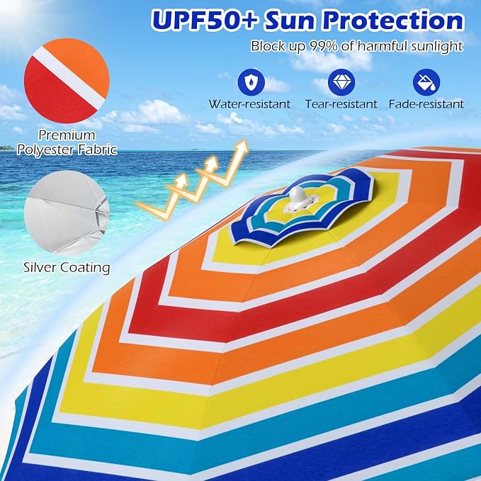 Tangkula 6.5ft Outdoor Beach Umbrella with Sand Anchor, Patio Umbrella with Push Button Tilt & UPF 50+ Protection, Portable Sunshade Umbrella with Carry Bag for Garden Beach Outdoor (Rainbow)