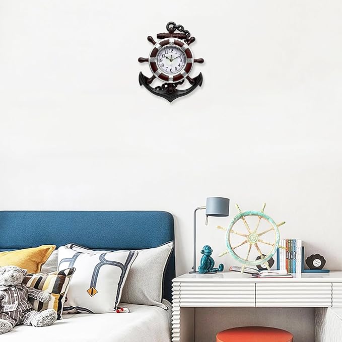 Anchor Outdoor Clock, Nautical Ship Wheel Rudder Wall Clock, Beach Sea Style Decorative Clock for Patio, Pool, Porch (Silver + Dark Red)