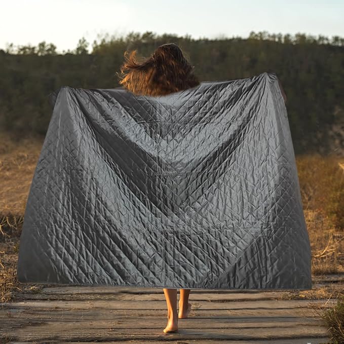 Large Outdoor Waterproof Blanket-Quilted Extra Thick Fleece Windproof Warm Includes Stuff Sack Shoulder Strap Machine Washable,55"x78"-Grey